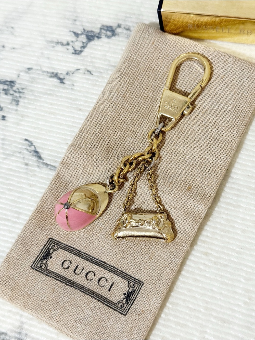 Gucci Gold & Pink Enamel Mini Horsebit Pouchette Baseball Cap Bag Charm Keychain